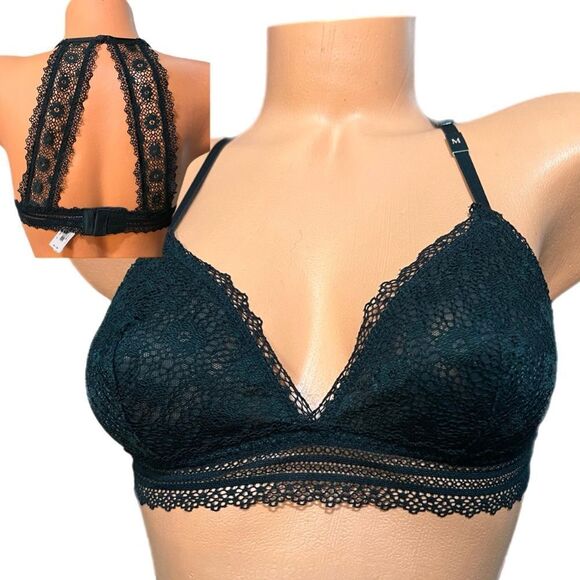 Victoria’s Secret Floral Lace Racerback Unlined bralette bra Black Medium - Picture 1 of 6